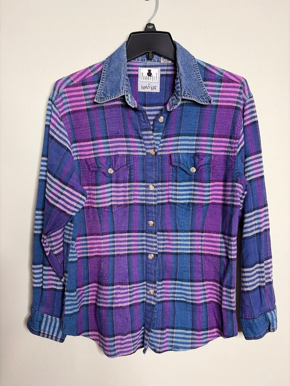 Purrfect by Krazy Kat Purple Plaid Flannel Button Down Large